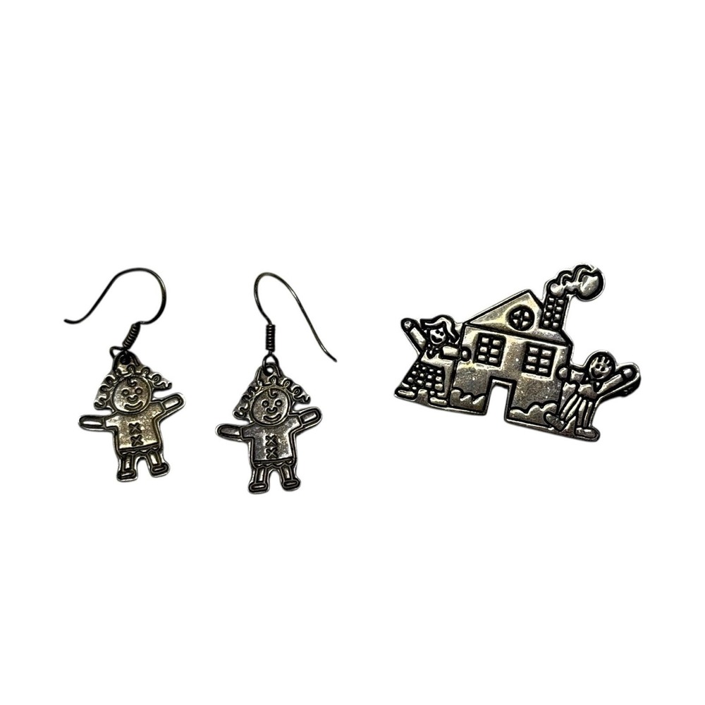Vintage Save The Children Sterling Silver Pin Earrings Folk Art Charity
